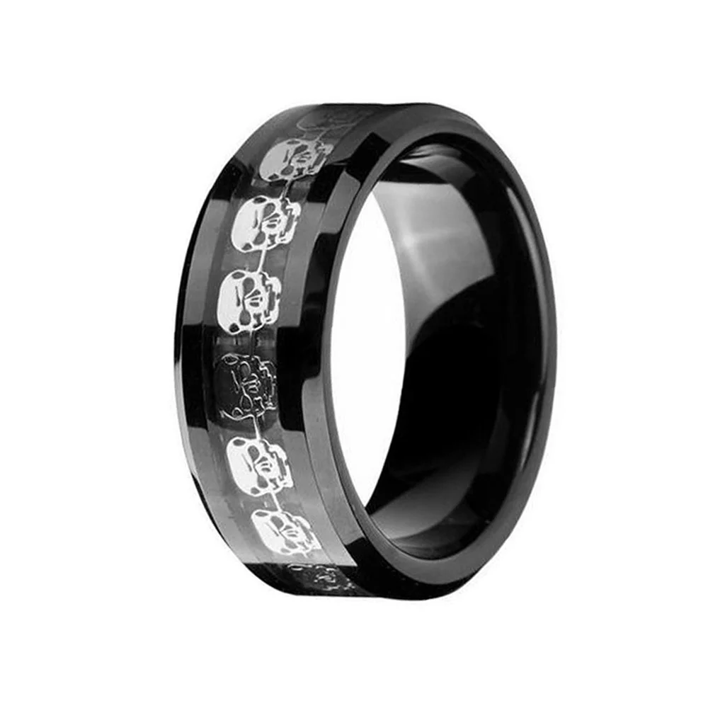 8mm Black Tungsten Carbide Mens Wedding Band Silver Skull Skeleton Inlay Promise Rings