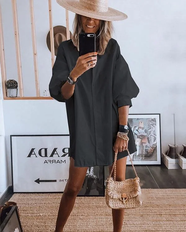 Puff Sleeve Plain Casual Loose Shirt Dress