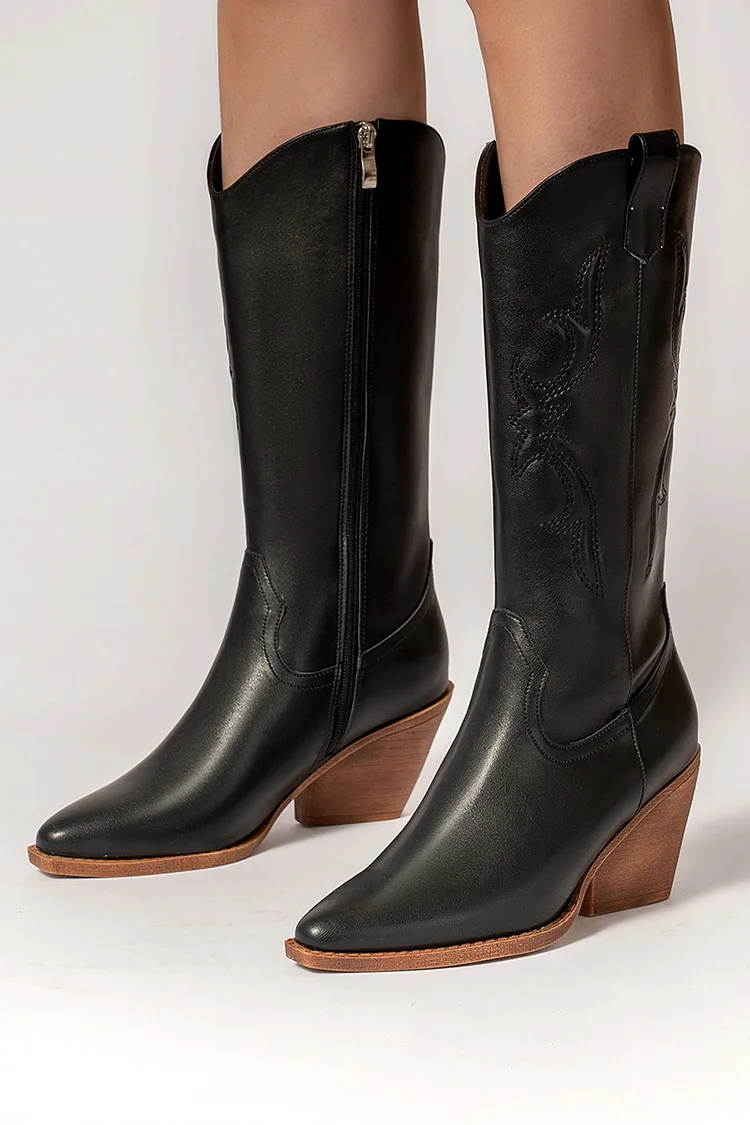 Totem Embroidery Zipper Pointy Toe Wedge Heels Boots