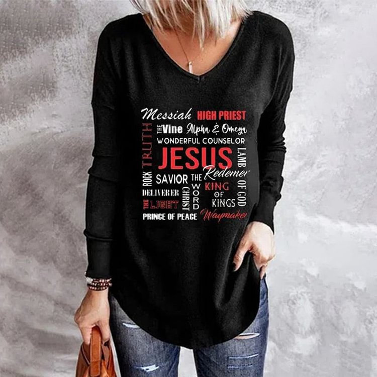 VChics Jesus Letters Printed Long Sleeve V Neck Casual T-Shirt