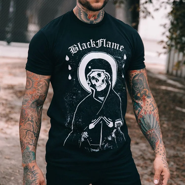 Men's Retro "Black Flame" Skull Print Casual Short Sleeve T-Shirt