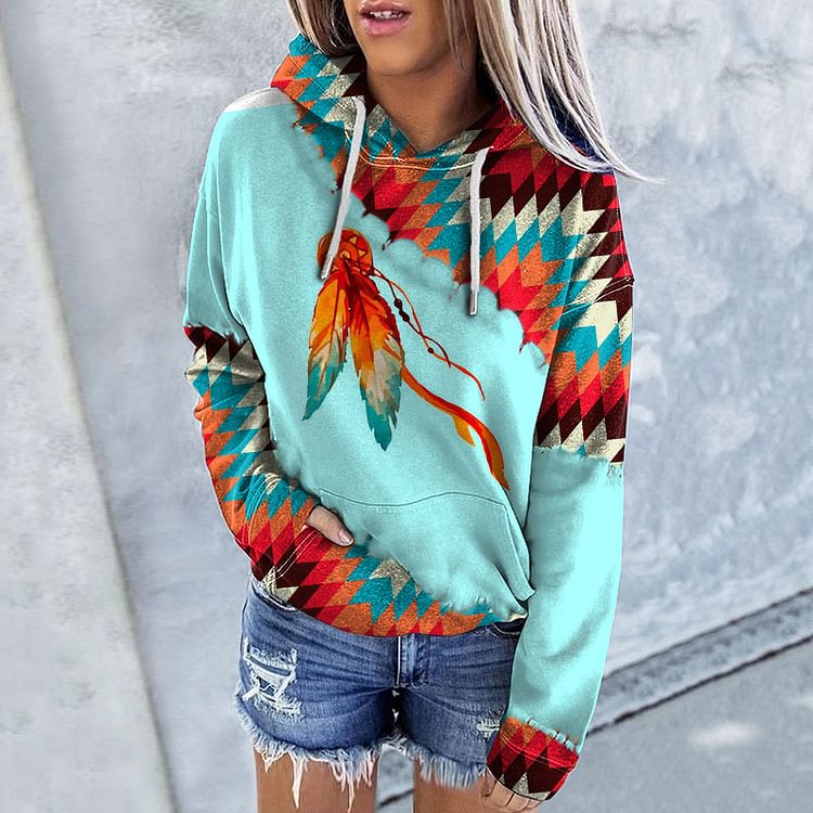 Vefave Vintage Western Feather Print Hoodie