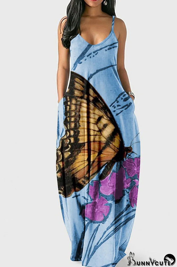 Blue Casual Print Patchwork Spaghetti Strap Dresses