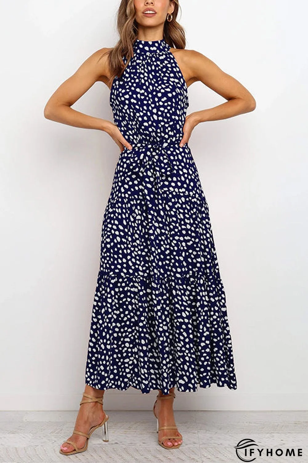 Print Belted Sleevelss Maxi Dress | IFYHOME
