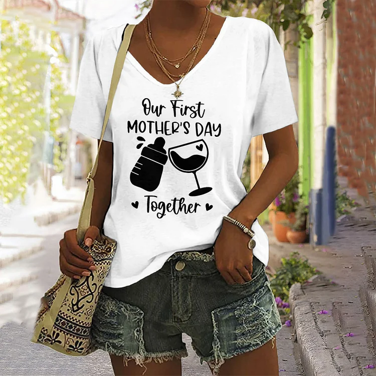 Comstylish Mother's Day Printed V-Neck Short Sleeved Casual T-Shirt