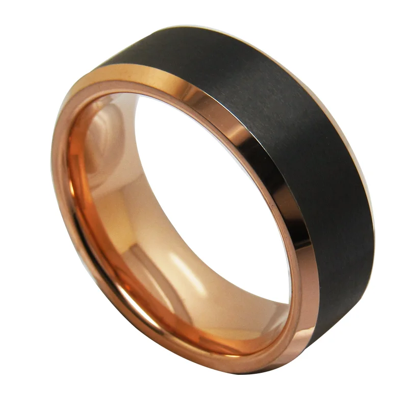 Mens Black Tungsten Carbide Rings Chamfered And Inner Rings Electric Rose Gold Faceted Bands