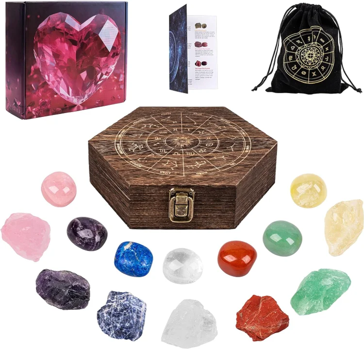 Crystals and Healing Stones Set,Healing Crystals in Wooden Gift Box,17PCS Large Natural Gemstones Kit,7 Raw Chakra Stones and 7 Tumbled Stones,Spiritual Gifts for Women,Easter Meditation Gifts.