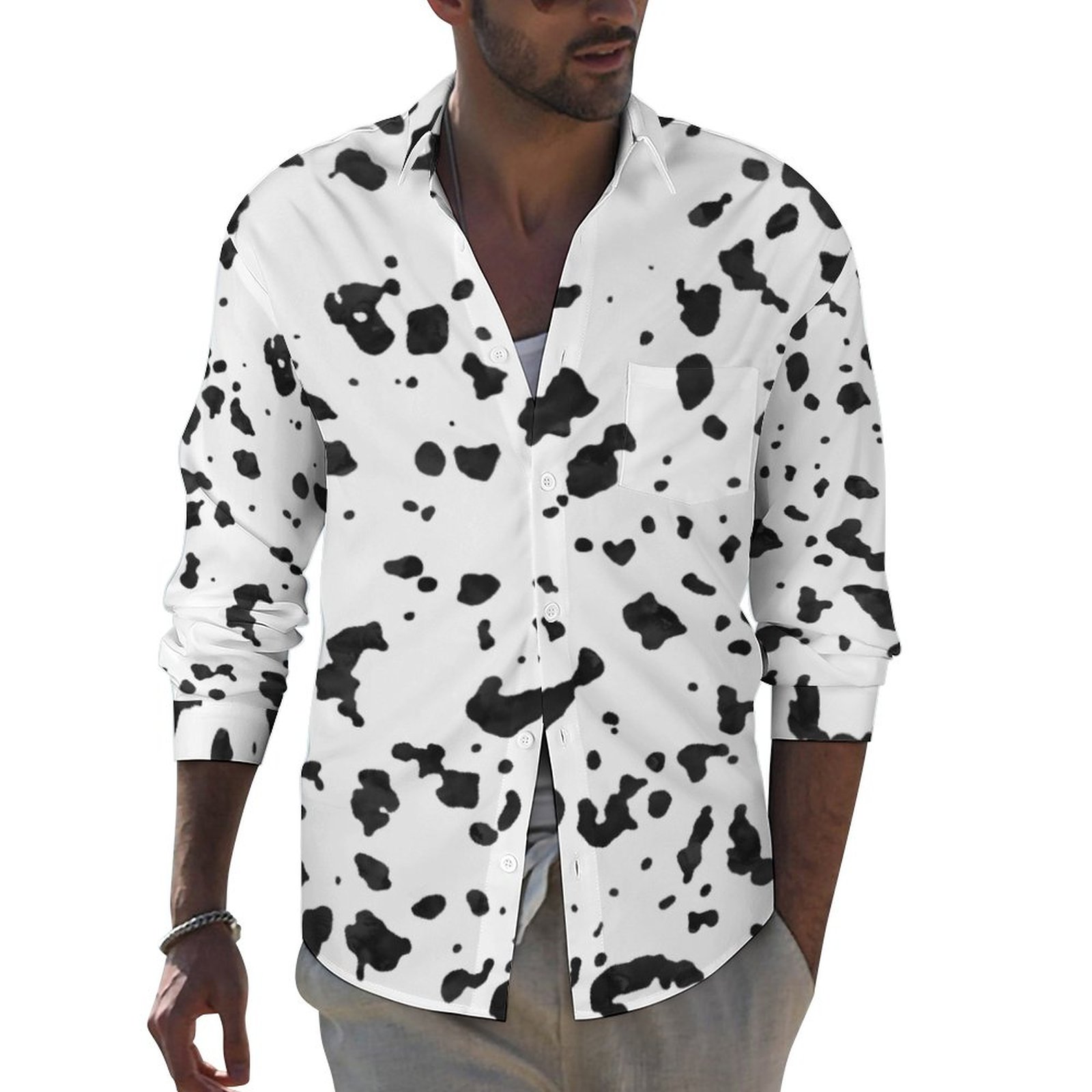 dalmatian dress shirt Abstract Black Watercolor Dalmatian Spots Men's Casual Long Sleeve Hawaiian  Button Down Pocket Shirt