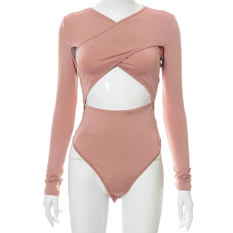 Sexy Criss Cross Front Cut Out Long Sleeve Bodysuit