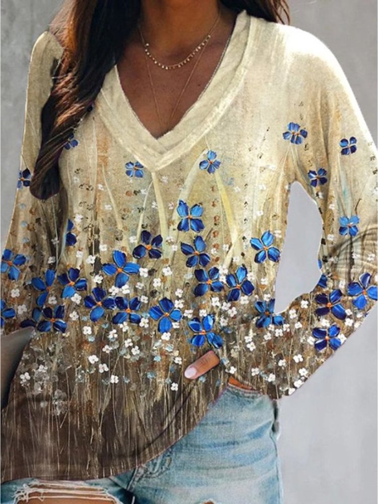 Floral Oil Painting V Neck T Shirt