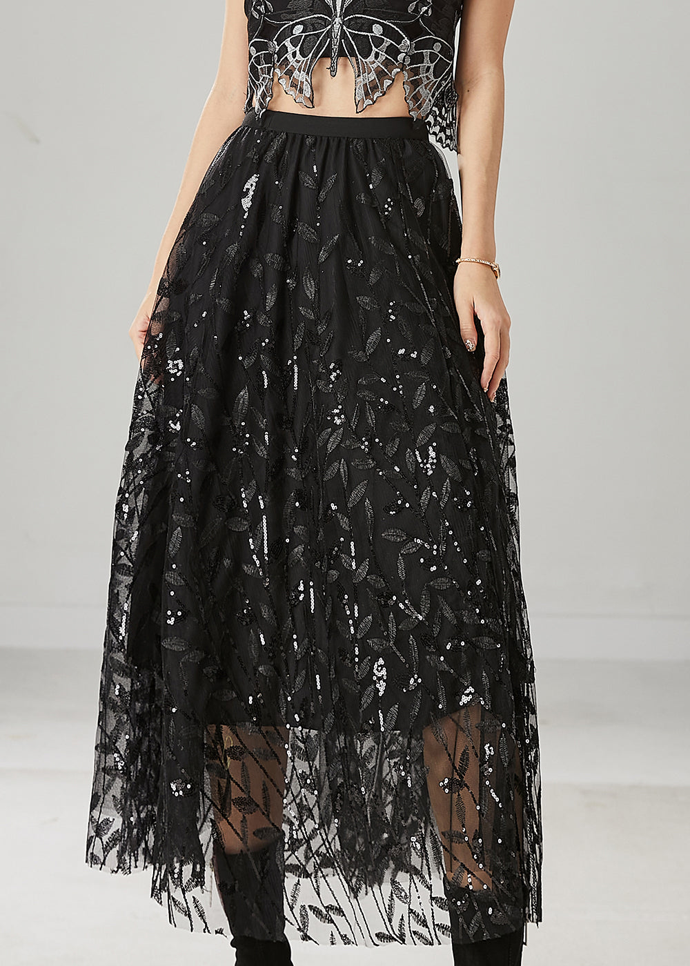 Women Black Tulle Sequin Flared Skirt