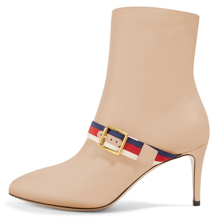 Nude Buckle Strap Fashion Almond Toe Ankle Booties |FSJ Shoes
