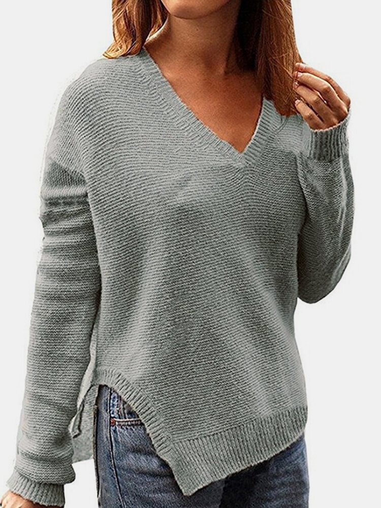 Solid Color Long Sleeve V-neck Split Sweater For Women - Shop Trendy Women's Clothing | LoverChic
