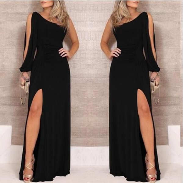 Spring Autumn Sexy Women Fashion Black Evening Long Dress One Shoulder High Slit Party Dress - BlackFridayBuys