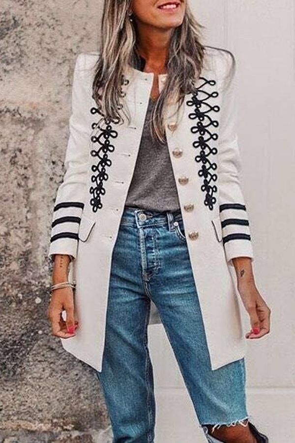 Street Patchwork Buckle Contrast O Neck Outerwear