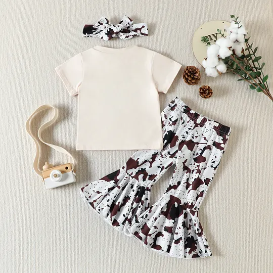 【12M-5Y】3-piece Girls Cow Print Shirt And Pants Set (With Hairband)