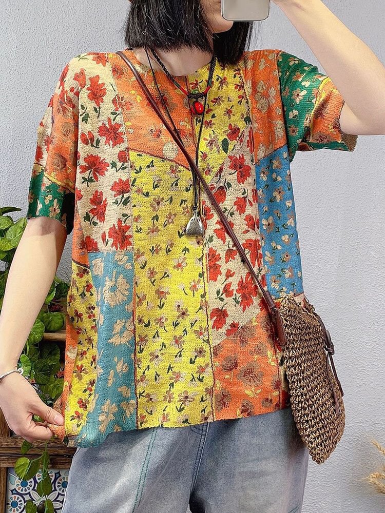 Women Floral Print O neck Short Sleeve Loose Vintage Knitted T Shirt P1838011
