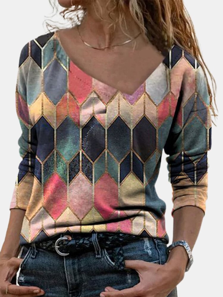 Women Geometry Print Long Sleeve Multi Color Casual Blouse P1781316