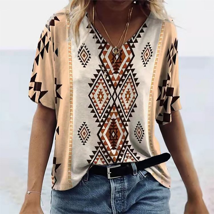 Vintage Western Print V-Neck T-Shirt