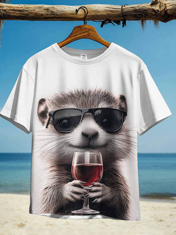 Men's Meerkat Drinking Red Wine Print Casual T-Shirt