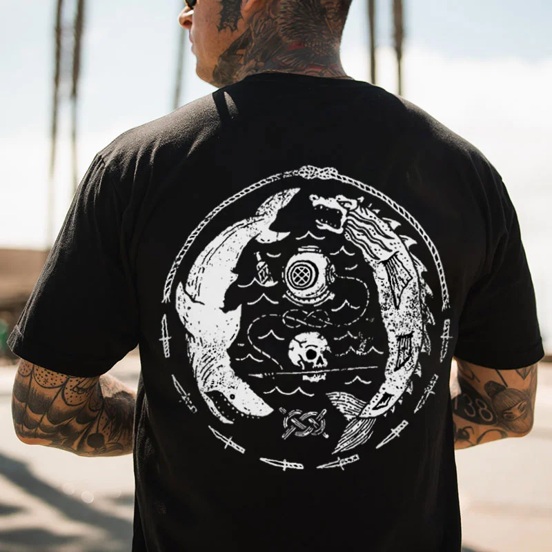 Shark and Skull in the Sea Black Print T-shirt