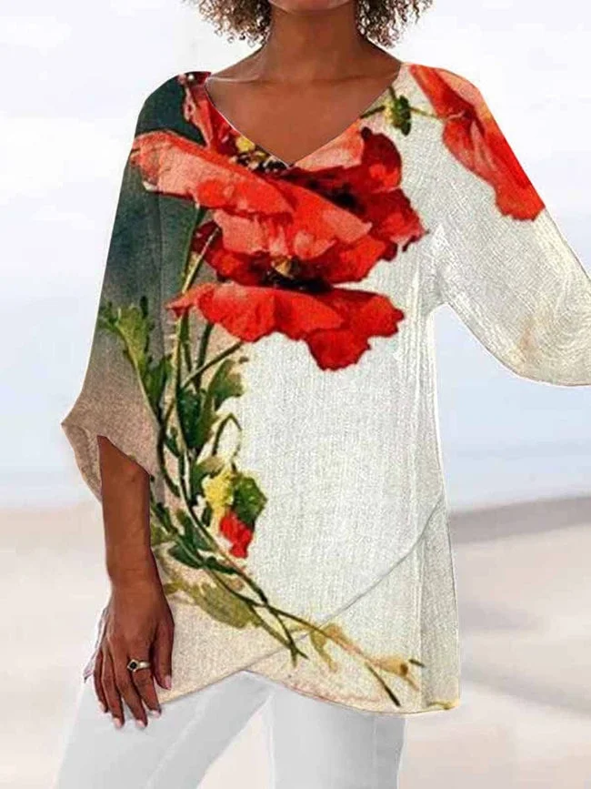 Women's Floral Printed Long Sleeved V-neck Top