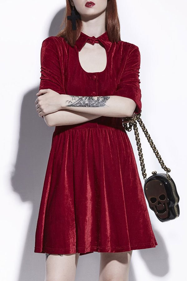Red Velvet Buttoned A-line Dress - BlackFridayBuys
