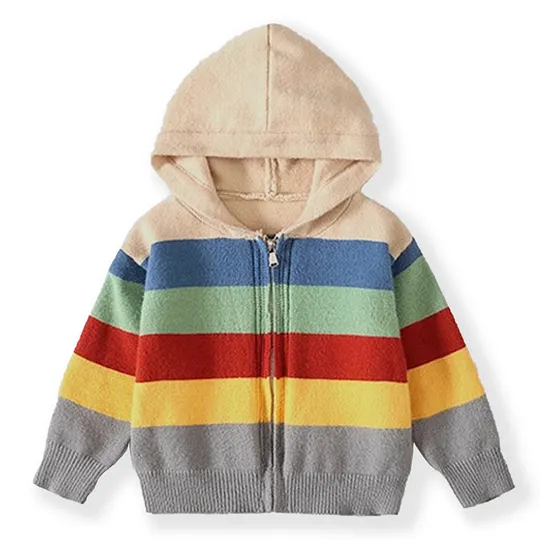【18M-12Y】Unisex Casual Rainbow Stripe Hooded Sweater Coat