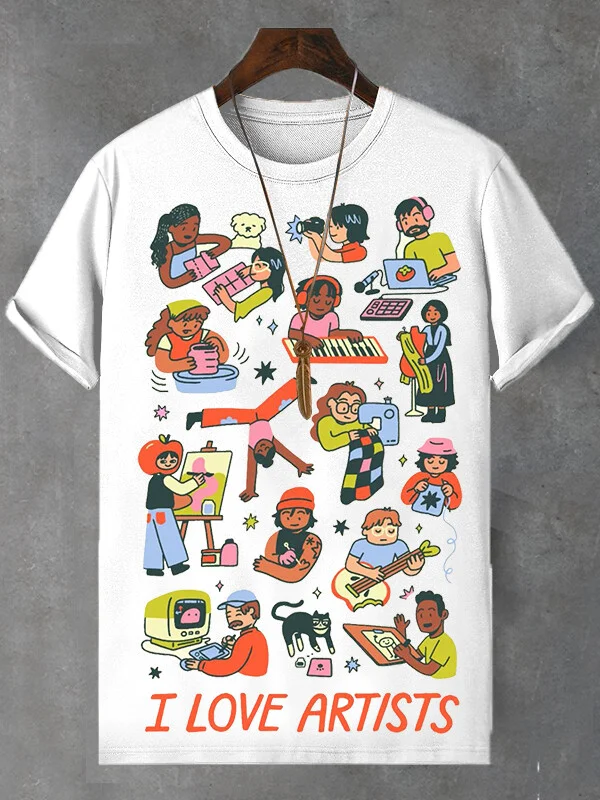 Men's Cartoon Graphic I Love Artists Print Cotton Casual T-Shirt