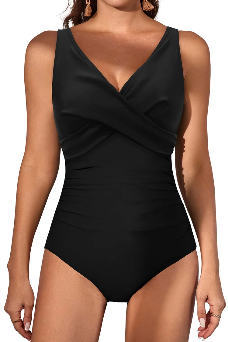 V Neck Ruched Wrap Tummy Control One Piece Swimsuit