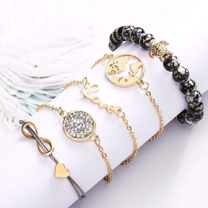 Woven Love 8-letter English Love World Map Turtle Grey Beaded Diamond Turquoise Bracelet Set of Five