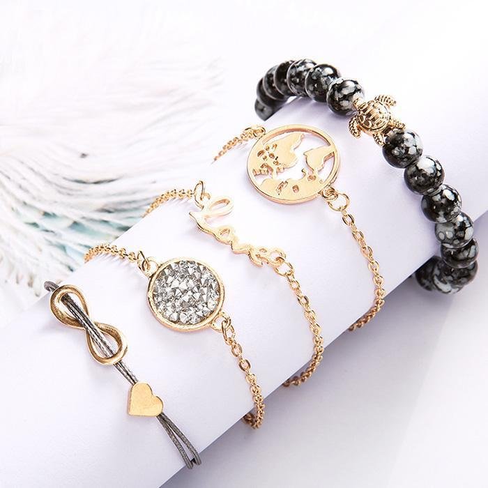 Woven Love 8-letter English Love World Map Turtle Grey Beaded Diamond Turquoise Bracelet Set of Five