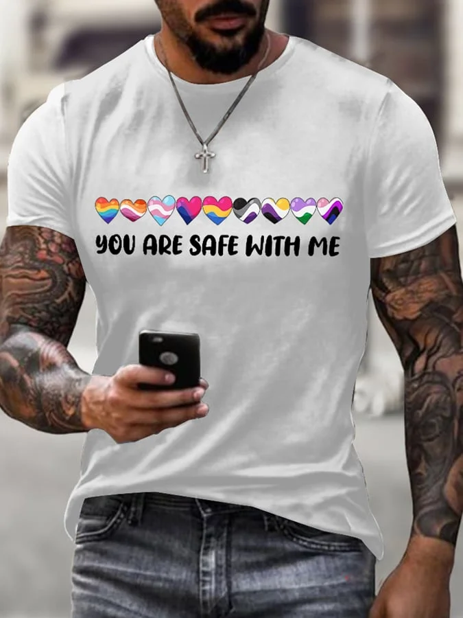 Men's You Are Safe With Me Print Round Neck T-Shirt socialshop
