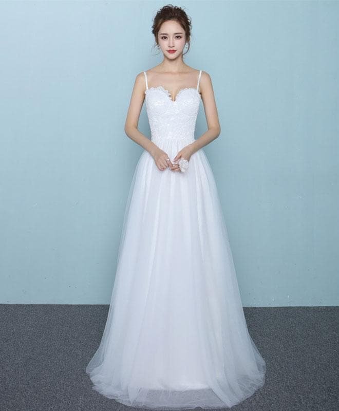 White Lace Long Prom Dress, Sweetheart Neck Evening Dress