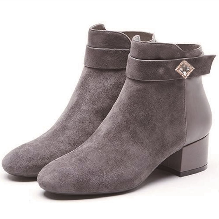 Grey Suede Crystal Block Heels Round Toe Ankle Boots |FSJ Shoes