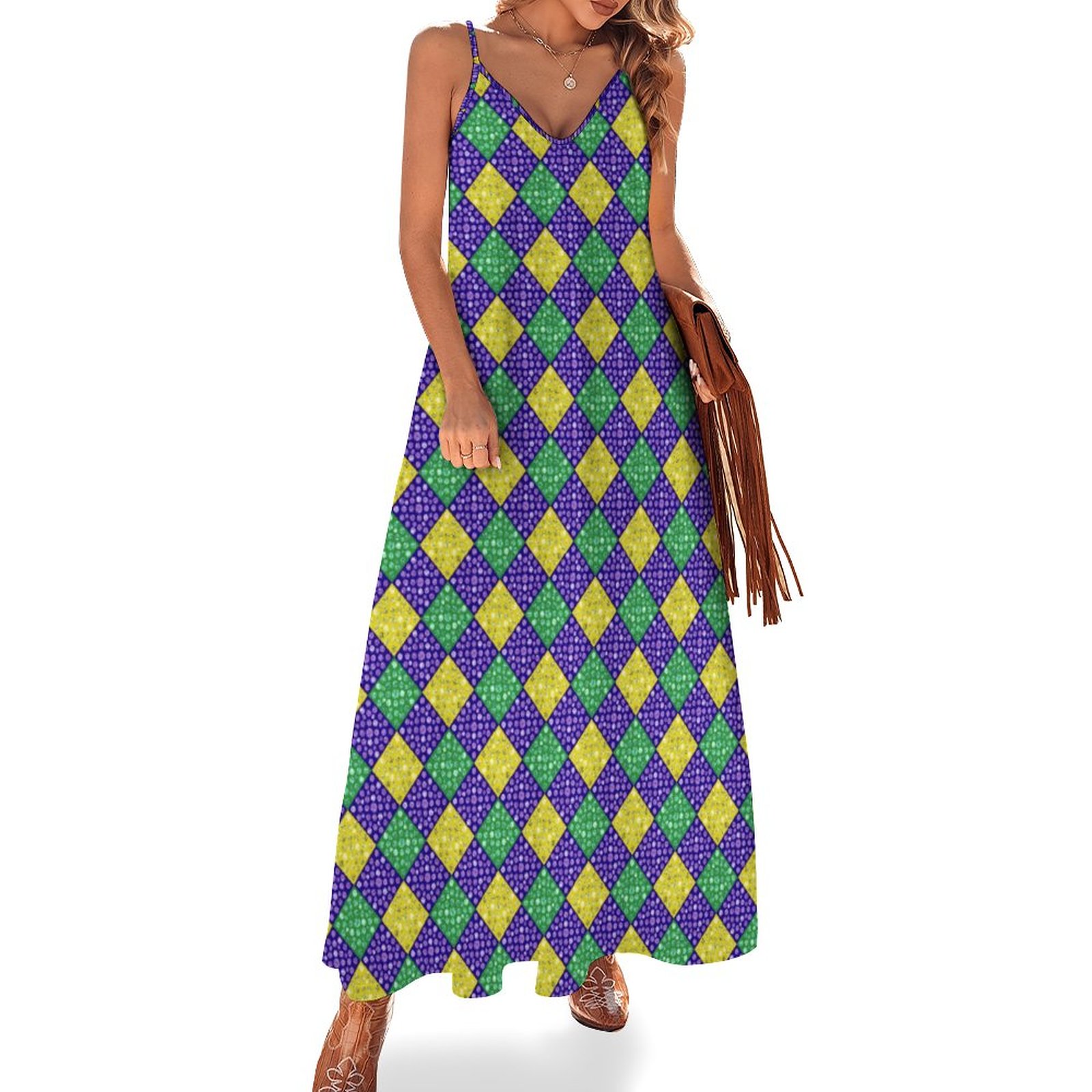 Mardi Gras Harlequin Diamond Carnival Women's Casual Strappy V Neck Sleeveless Flowy Loose Long Maxi Beach Dress Sundress Mardi Gras-5XL