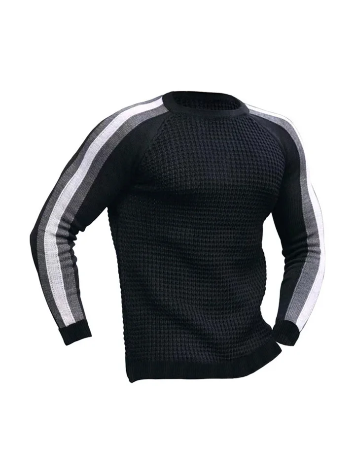 Athletic Casual Waffle Long-sleeved Round Neck Pullover Men's Collision Color Casual Loose Bottoming Knit Sweater Man