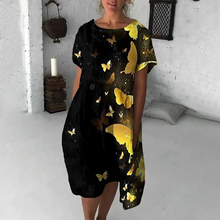 Vefave Glitter Butterfly Print Midi Dress