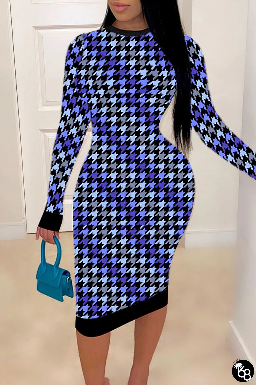 Blue Sexy Plaid Print Patchwork O Neck Pencil Skirt Dresses | 168DEAL