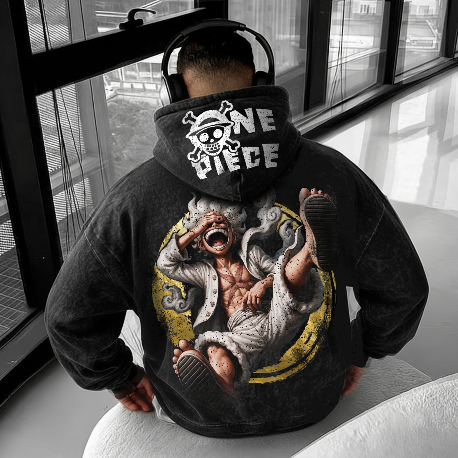 Vintage Washed Anime Hoodie Retro Graphic Casual Wear