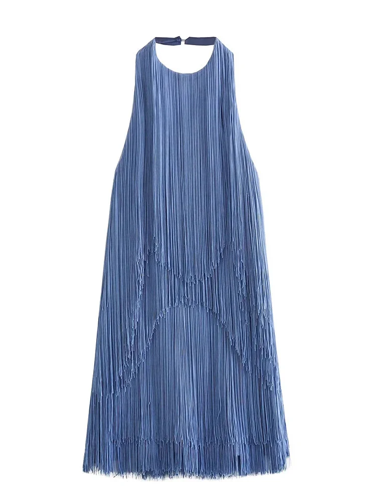 Tlbang 2024 Women Blue Sexy Backless Halter Short Fringed Dress