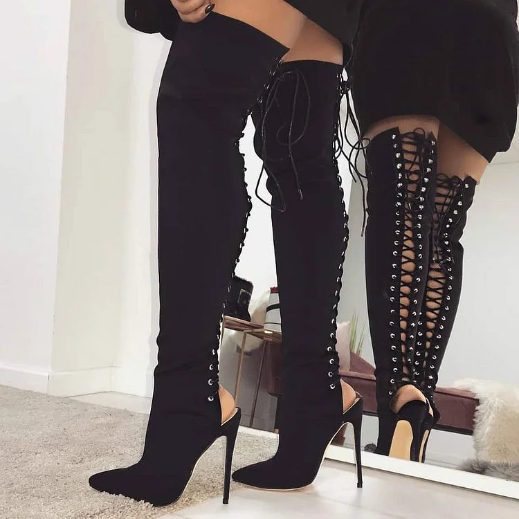 Black Vegan Suede Thigh High Lace Up Boots Stiletto Heel Boots |FSJ Shoes