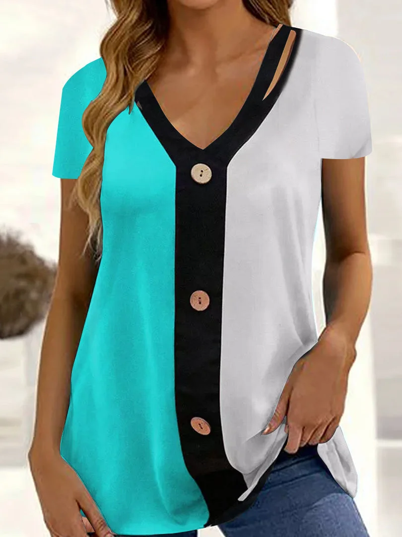 Women's Short Sleeve V-neck Colorblock Stitching Buttons Tops
