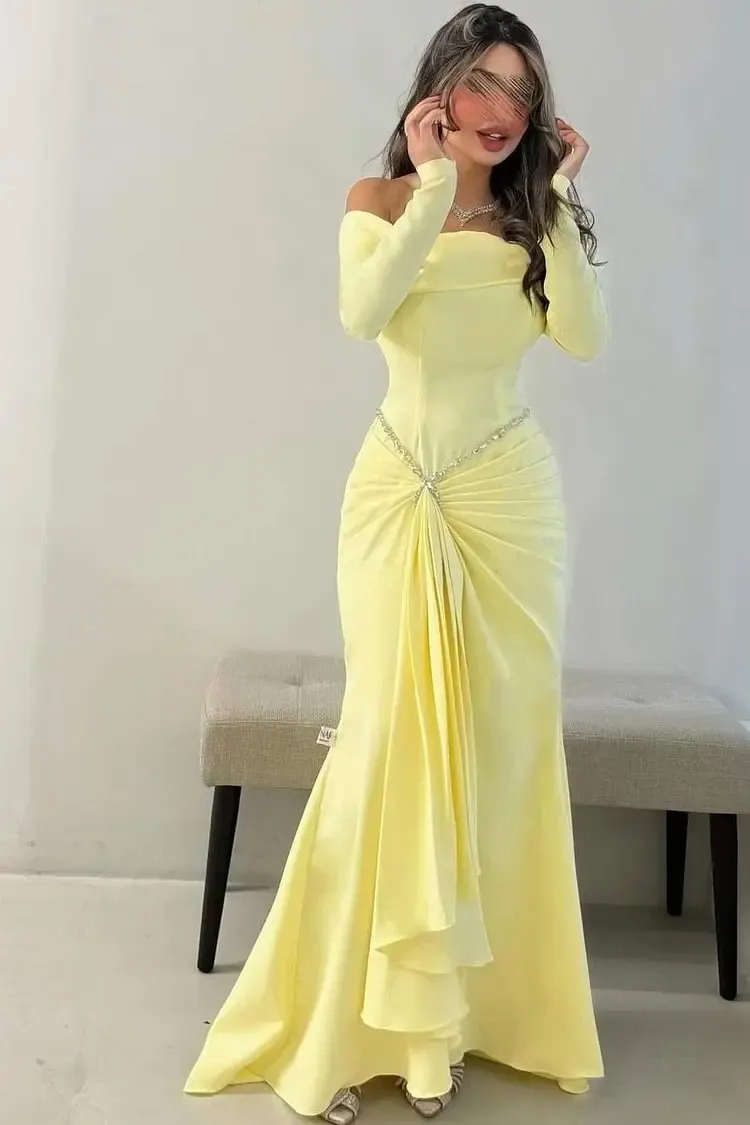 Lussooy Chic Off the Shoulder Pleated Long Sleeves Mermaid Floor Length Prom Dress