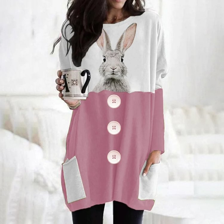 Comstylish Animal Rabbit Casual Print Printed Long Sleeve Tunic