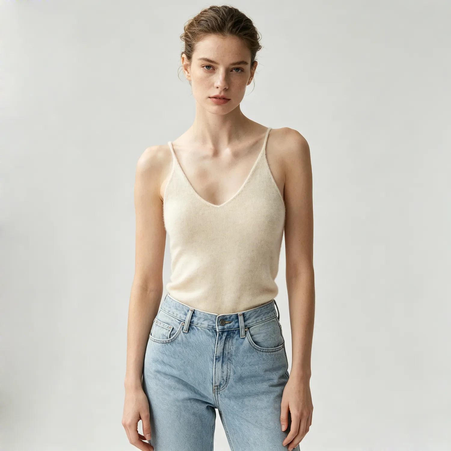 Cashmere Wool Blend Knit Tank V Neck Slim Fit Spaghetti Strap Autumn Layering Style REAL SILK LIFE