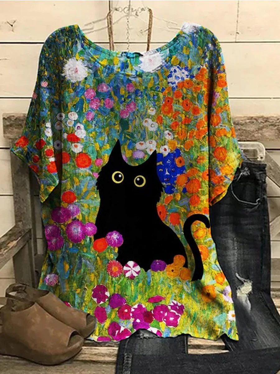 Women's Garden Cat Print Top