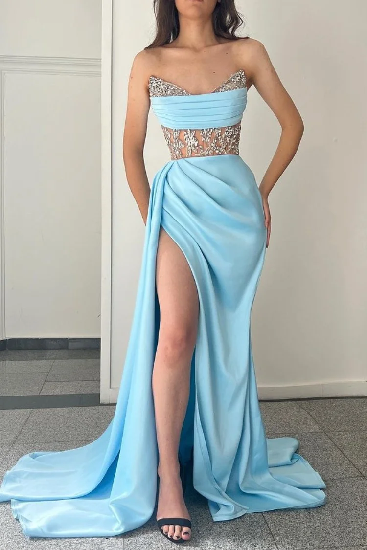 Gorgeous Sky Blue Strapless Beadings Mermaid Prom Dress With Split ED0498