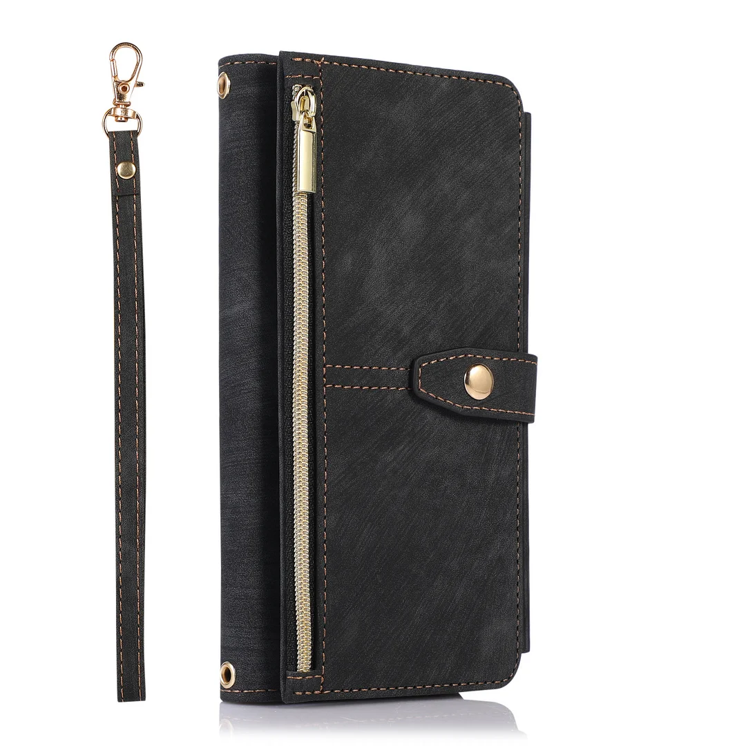 Luxury Vintage Leather Zipper Lanyard Strap Phone Case With Stand Holder and card slots For Galaxy S22/S22+/S22 Ultra 5G