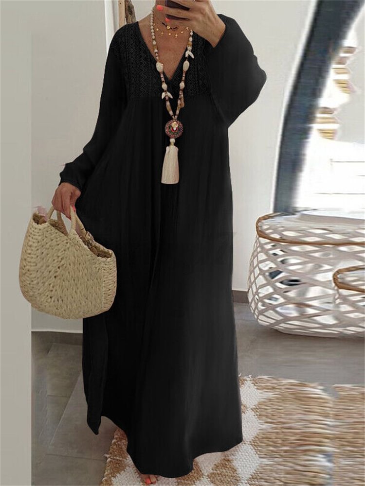 Comstylish Boho Lace Patchwork V Neck Oversize Maxi Dress